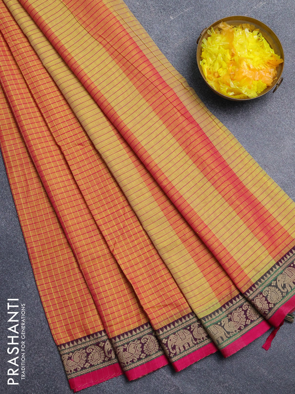 Narayanpet cotton saree dual shade of yellowish pink and pink with allover checked apttern and thread woven border