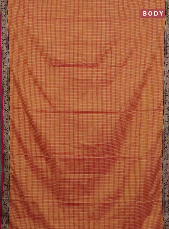Narayanpet cotton saree dual shade of yellowish pink and pink with allover checked apttern and thread woven border