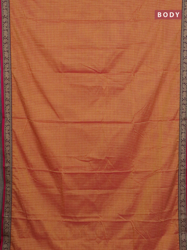 Narayanpet cotton saree dual shade of yellowish pink and pink with allover checked apttern and thread woven border