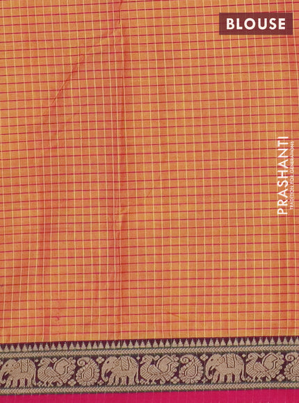 Narayanpet cotton saree dual shade of yellowish pink and pink with allover checked apttern and thread woven border