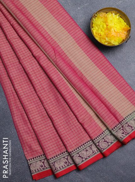 Narayanpet cotton saree pink shade and purple red with allover checked apttern and thread woven border