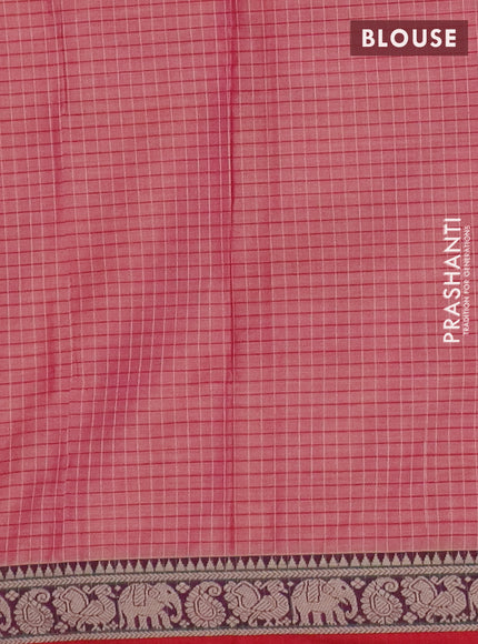 Narayanpet cotton saree pink shade and purple red with allover checked apttern and thread woven border