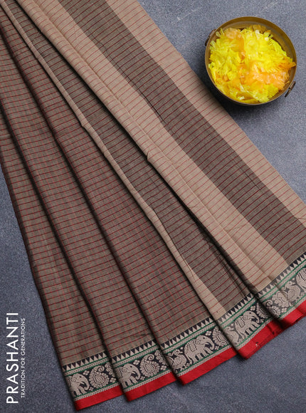 Narayanpet cotton saree chikku shade and black red with allover checked apttern and thread woven border