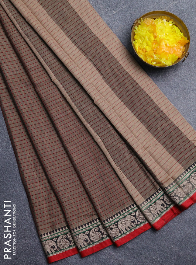 Narayanpet cotton saree chikku shade and black red with allover checked apttern and thread woven border