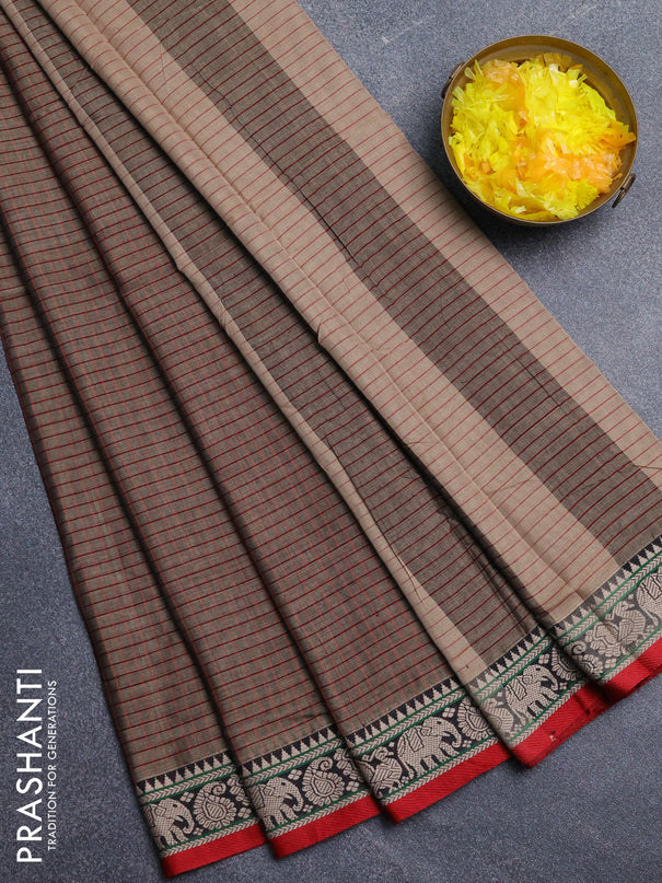 Narayanpet cotton saree chikku shade and black red with allover checked apttern and thread woven border