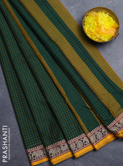 Narayanpet cotton saree green and yellow with allover checked apttern and thread woven border