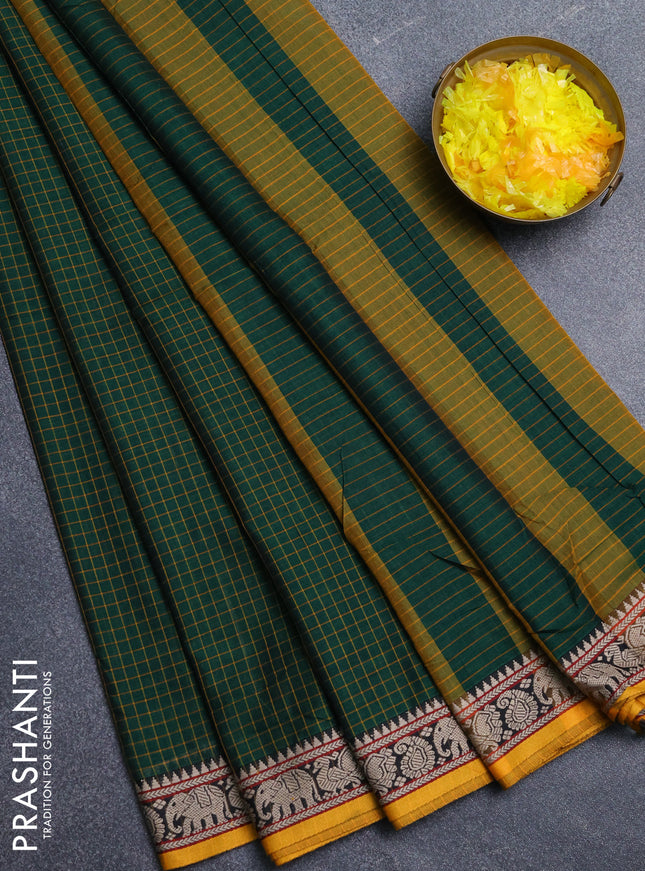 Narayanpet cotton saree green and yellow with allover checked apttern and thread woven border