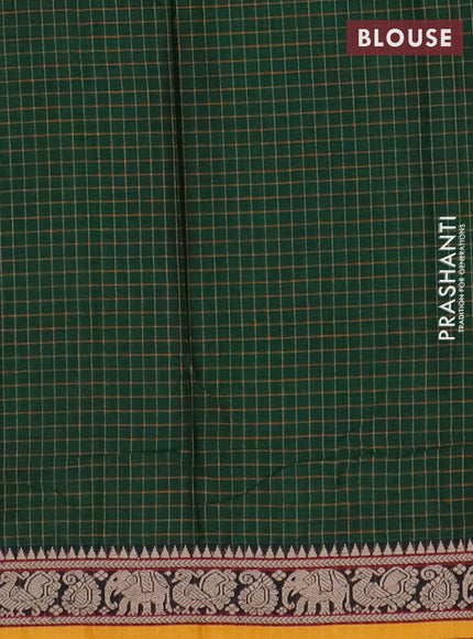 Narayanpet cotton saree green and yellow with allover checked apttern and thread woven border