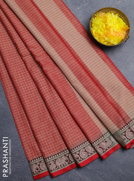 Narayanpet cotton saree red shade and maroon with allover checked apttern and thread woven border