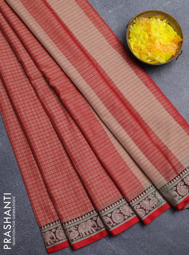 Narayanpet cotton saree red shade and maroon with allover checked apttern and thread woven border