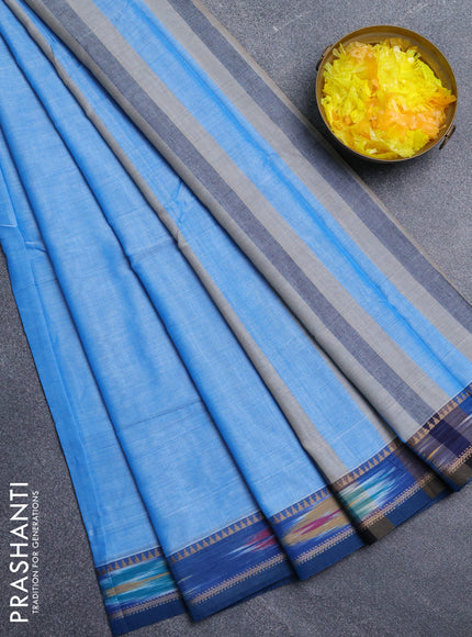 Narayanpet cotton saree light blue and peacock blue with plain body and thread woven ikat border