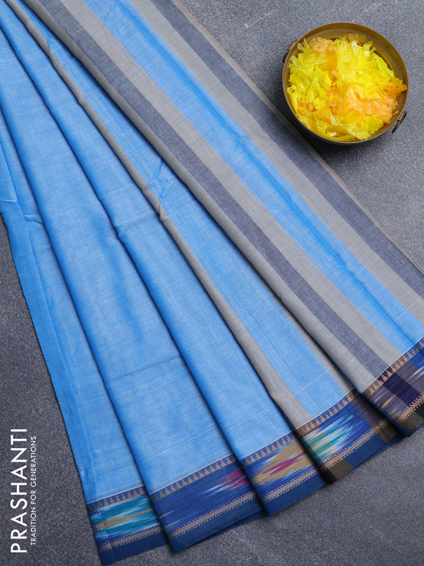 Narayanpet cotton saree light blue and peacock blue with plain body and thread woven ikat border