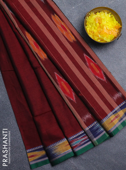 Narayanpet cotton saree maron and green with plain body and thread woven ikat border