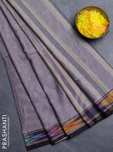 Narayanpet cotton saree grey and coffee brown with plain body and thread woven ikat border