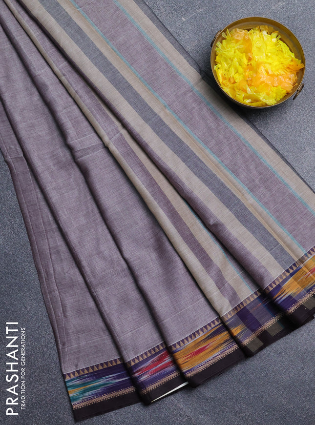 Narayanpet cotton saree grey and coffee brown with plain body and thread woven ikat border