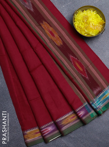 Narayanpet cotton saree red and green shade with plain body and thread woven ikat border