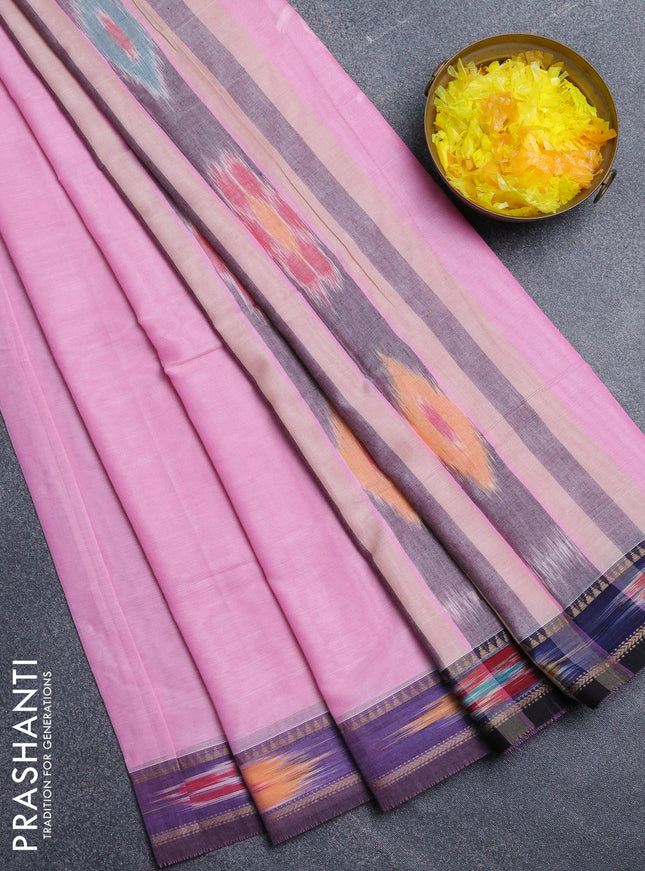 Narayanpet cotton saree light pink with plain body and thread woven ikat border