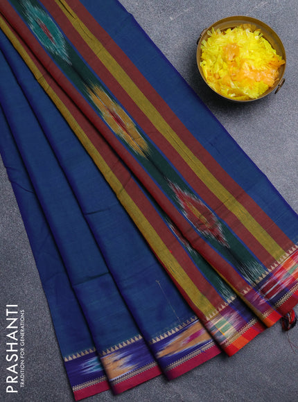 Narayanpet cotton saree dual shade of bluish green and maroon with plain body and thread woven ikat border
