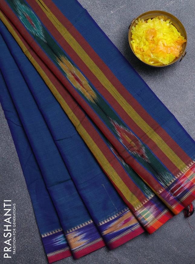 Narayanpet cotton saree dual shade of bluish green and maroon with plain body and thread woven ikat border