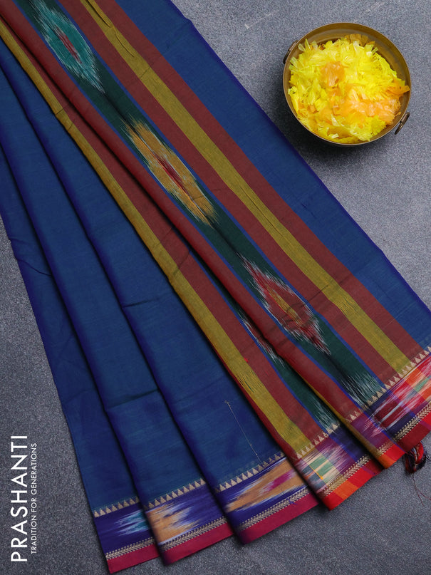 Narayanpet cotton saree dual shade of bluish green and maroon with plain body and thread woven ikat border