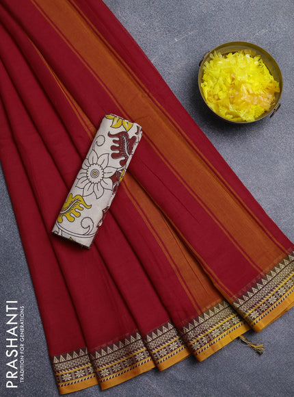 Narayanpet cotton saree red and mustard yellow beige with plain body and thread woven border