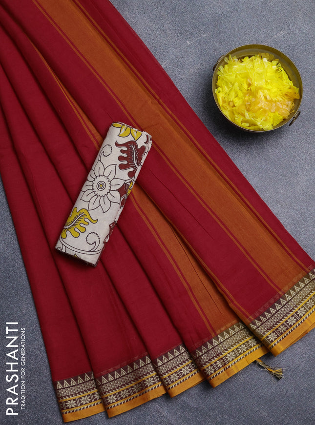 Narayanpet cotton saree red and mustard yellow beige with plain body and thread woven border