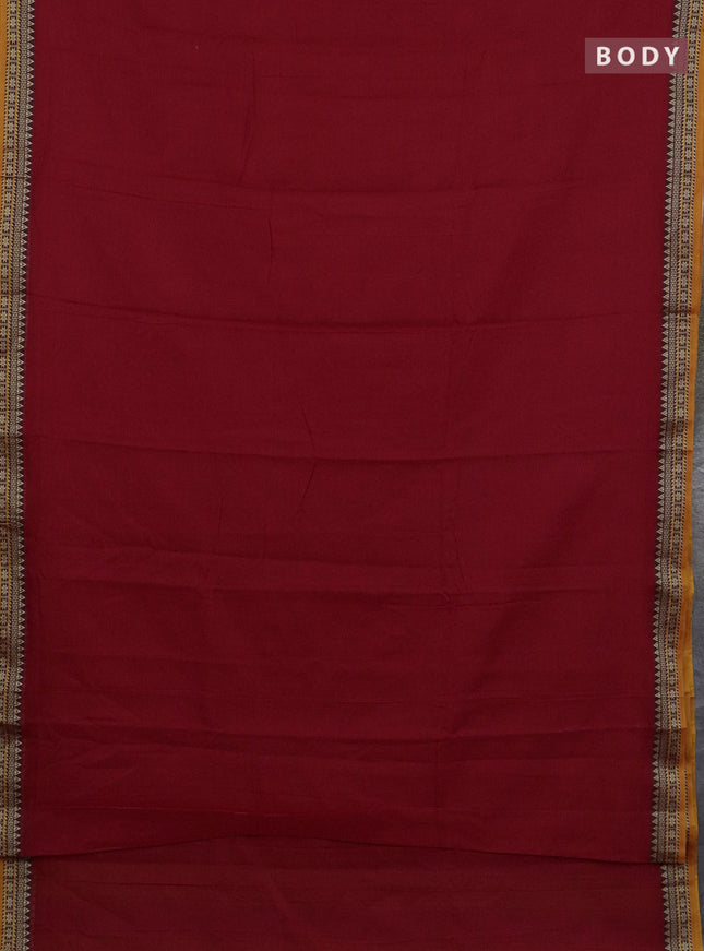 Narayanpet cotton saree red and mustard yellow beige with plain body and thread woven border