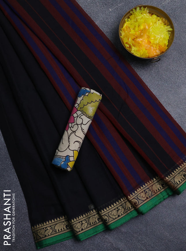 Narayanpet cotton saree black and beige with plain body and thread woven border