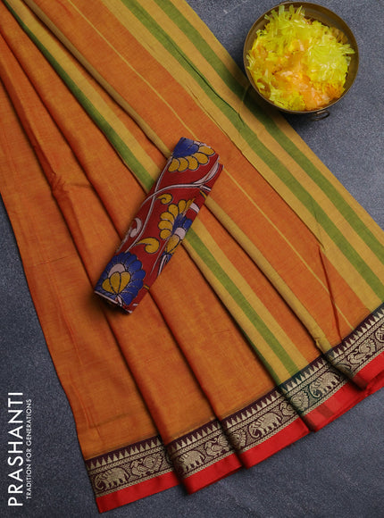 Narayanpet cotton saree sunset orange and maroon with plain body and thread woven border
