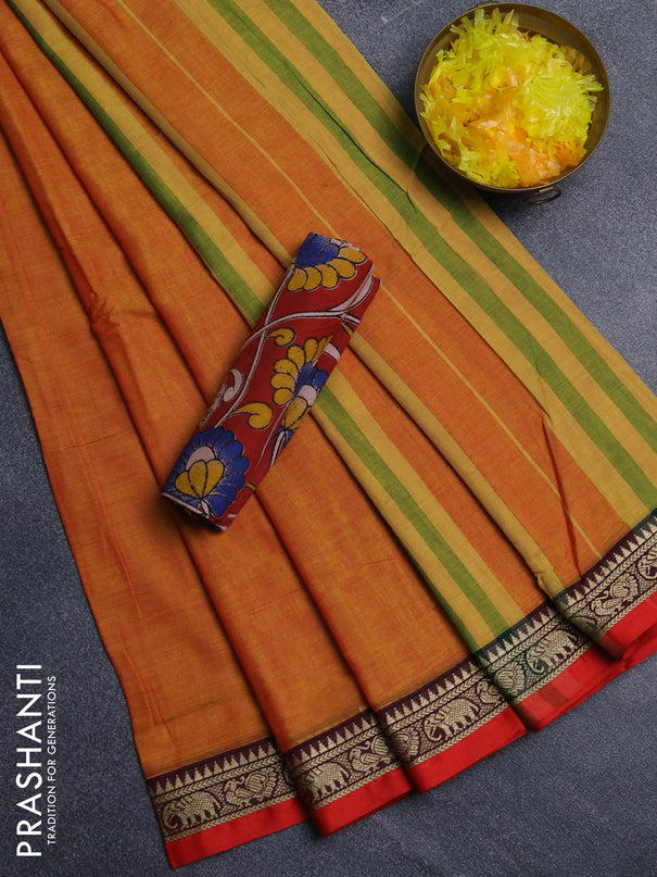 Narayanpet cotton saree sunset orange and maroon with plain body and thread woven border