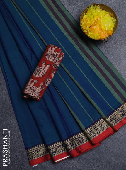 Narayanpet cotton saree dual shade of bluish green and maroon with plain body and thread woven border
