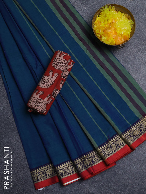 Narayanpet cotton saree dual shade of bluish green and maroon with plain body and thread woven border