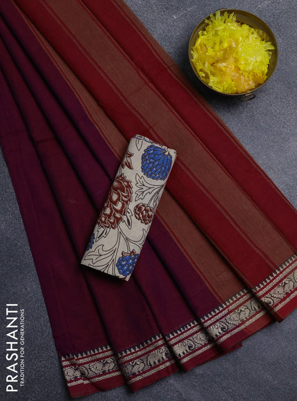 Narayanpet cotton saree wine shade and beige with plain body and thread woven border