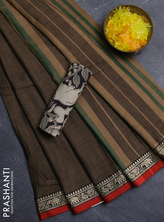 Narayanpet cotton saree chikku shade and black with plain body and thread woven border