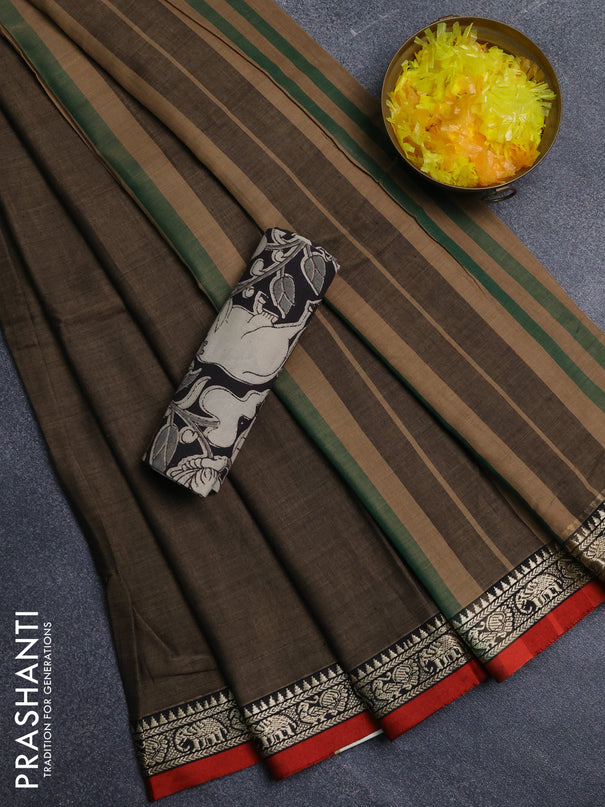 Narayanpet cotton saree chikku shade and black with plain body and thread woven border