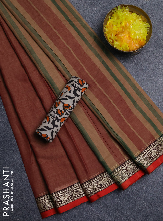 Narayanpet cotton saree dual shade of red shade and beige with plain body and thread woven border