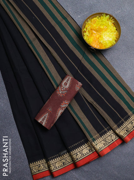Narayanpet cotton saree black and red maroon with plain body and thread woven border