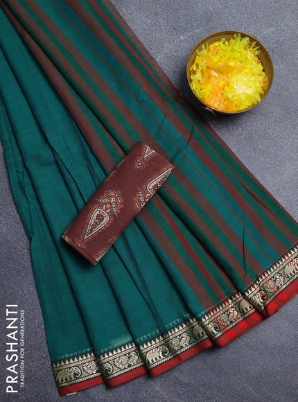Narayanpet cotton saree green and maroon brown with plain body and thread woven border