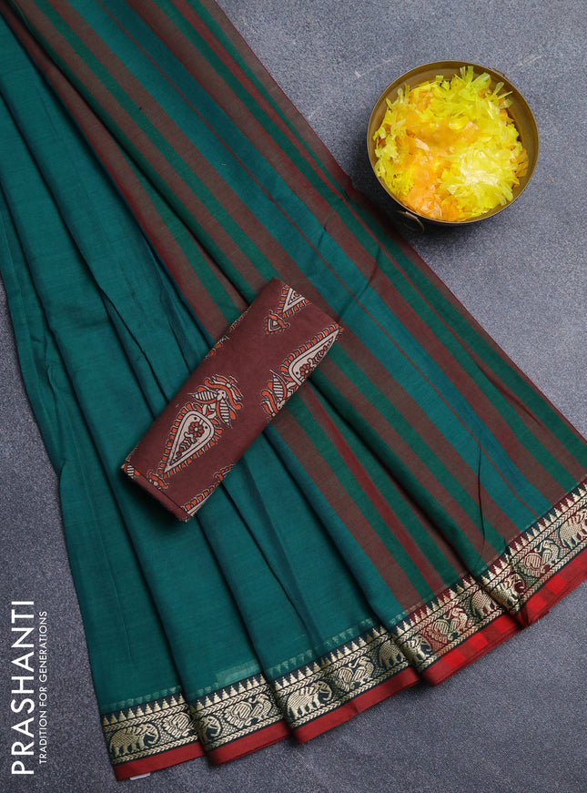 Narayanpet cotton saree green and maroon brown with plain body and thread woven border