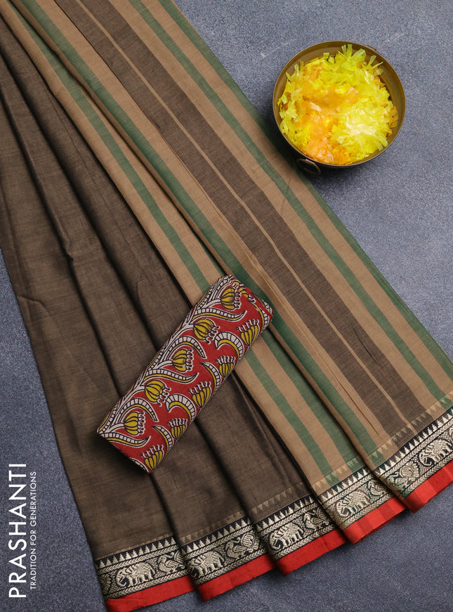 Narayanpet cotton saree chikku shade and red maroon with plain body and thread woven border
