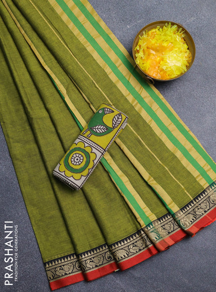 Narayanpet cotton saree light green and red beige with plain body and thread woven border