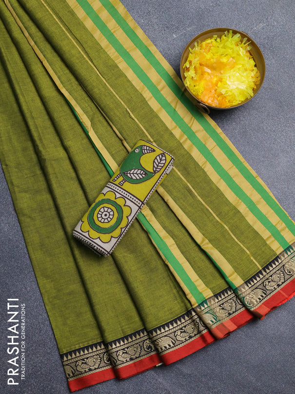 Narayanpet cotton saree light green and red beige with plain body and thread woven border