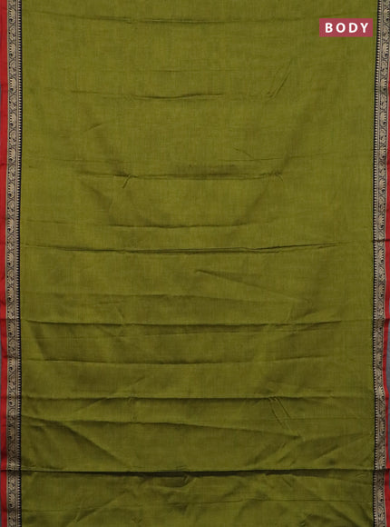 Narayanpet cotton saree light green and red beige with plain body and thread woven border