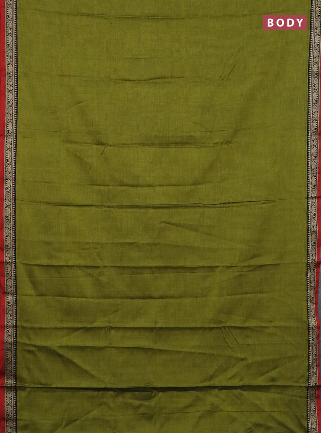 Narayanpet cotton saree light green and red beige with plain body and thread woven border