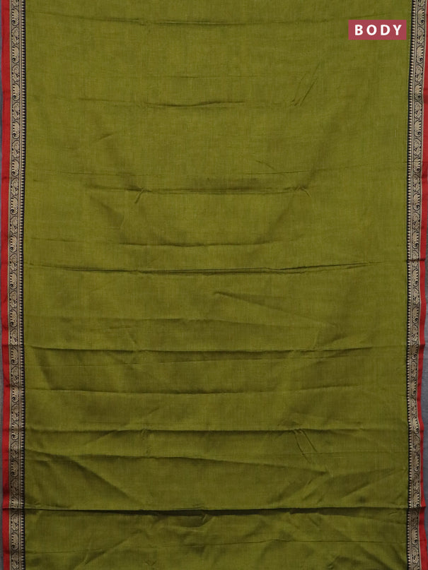 Narayanpet cotton saree light green and red beige with plain body and thread woven border