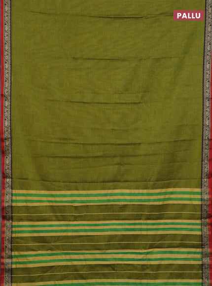 Narayanpet cotton saree light green and red beige with plain body and thread woven border
