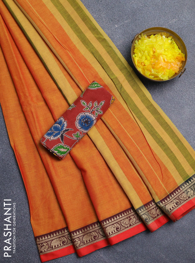 Narayanpet cotton saree mustard yellow and red maroon with plain body and thread woven border