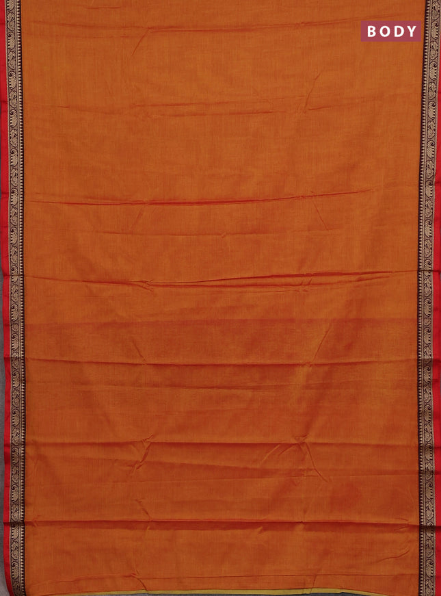 Narayanpet cotton saree mustard yellow and red maroon with plain body and thread woven border