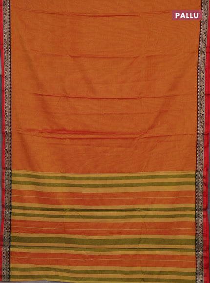 Narayanpet cotton saree mustard yellow and red maroon with plain body and thread woven border