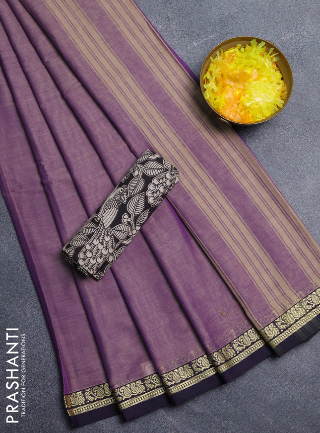 Narayanpet cotton saree lavender and black with plain body and thread woven border